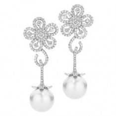 Pearl and Diamond Flower Drop Earrings