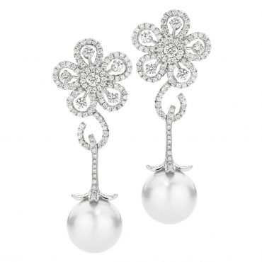 Pearl and Diamond Flower Drop Earrings