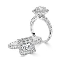 Elegant Princess Cut with Pavé Halo and Shoulders