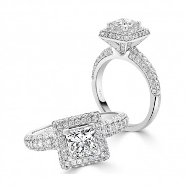 Elegant Princess Cut with Pavé Halo and Shoulders