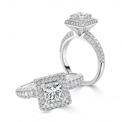 Elegant Princess Cut with Pavé Halo and Shoulders